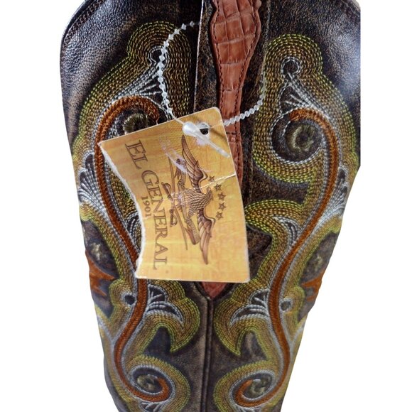 New El General Crocodile Skin Embroidered Red Yellow Brown Cowboy Boots Sz 6.5 - Picture 7 of 9